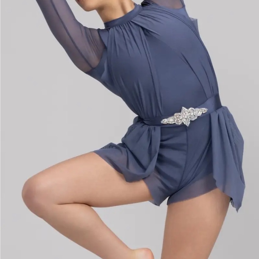 Weissman Sheer Navy Romper with Embellished Belt